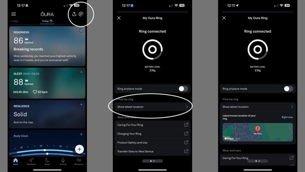 find my ring oura app ios