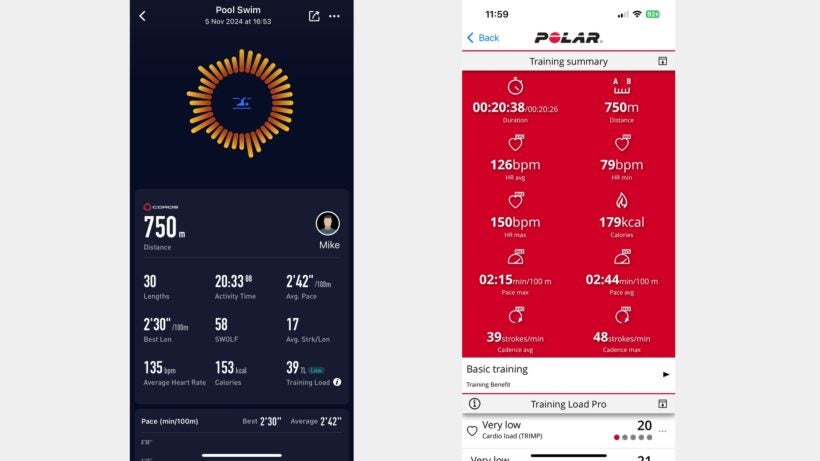 Coros Pace 3 swim data vs Polar